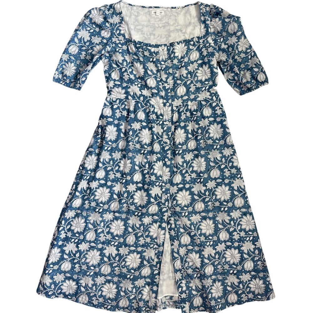Beau & Ro Blue Folk Floral Button Front Floral Midi Dress Pockets Size Medium‎
